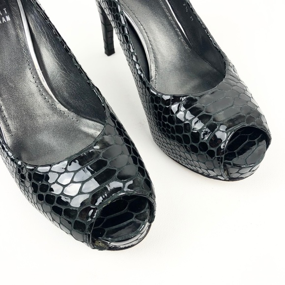 Stuart Weitzman Plainfield Snake-Embossed Peep-Toe Pump - Picture 2 of 16